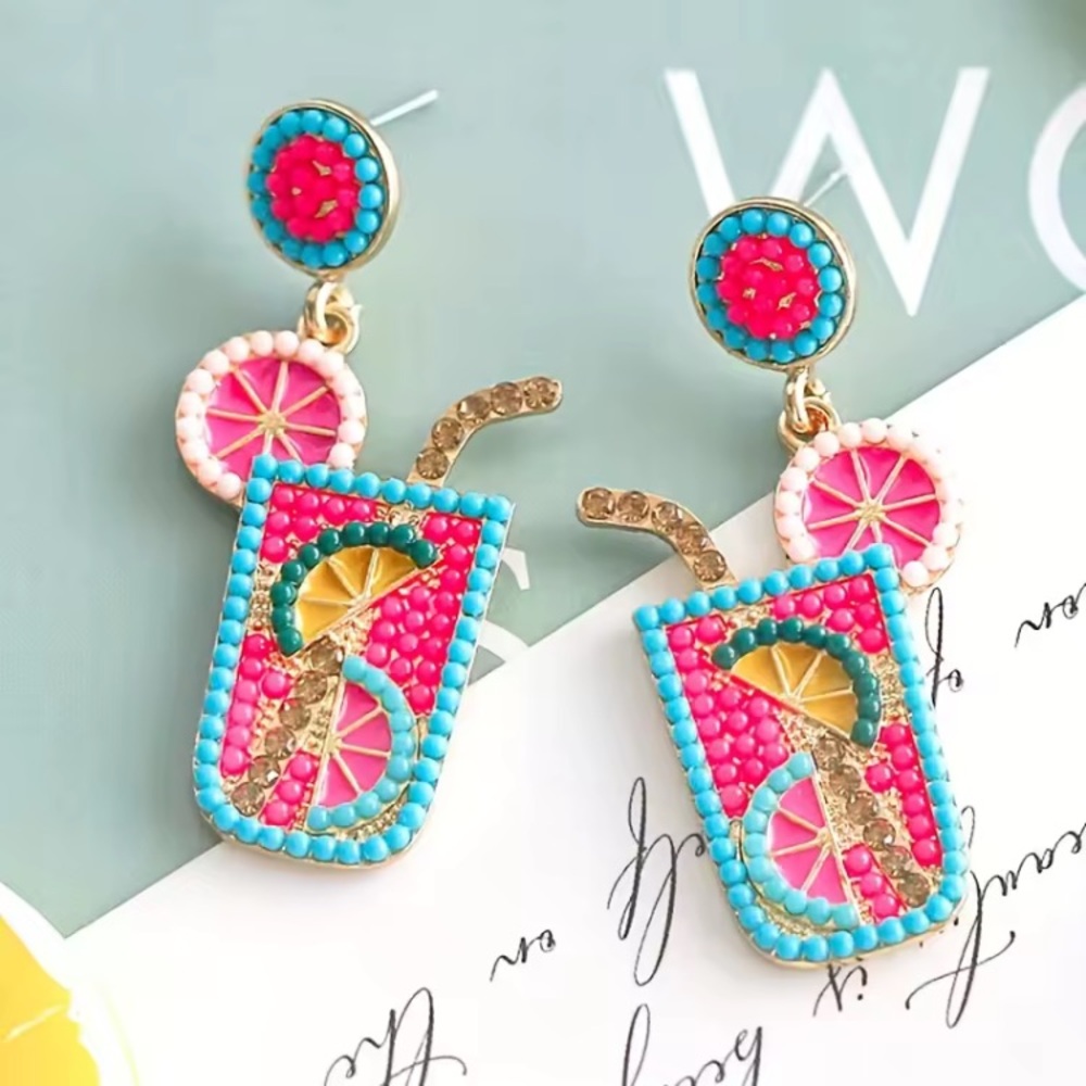 Colourful Summer Drink  Cocktail Earrings Pink Turquoise Blue Gold Tone Lemonade